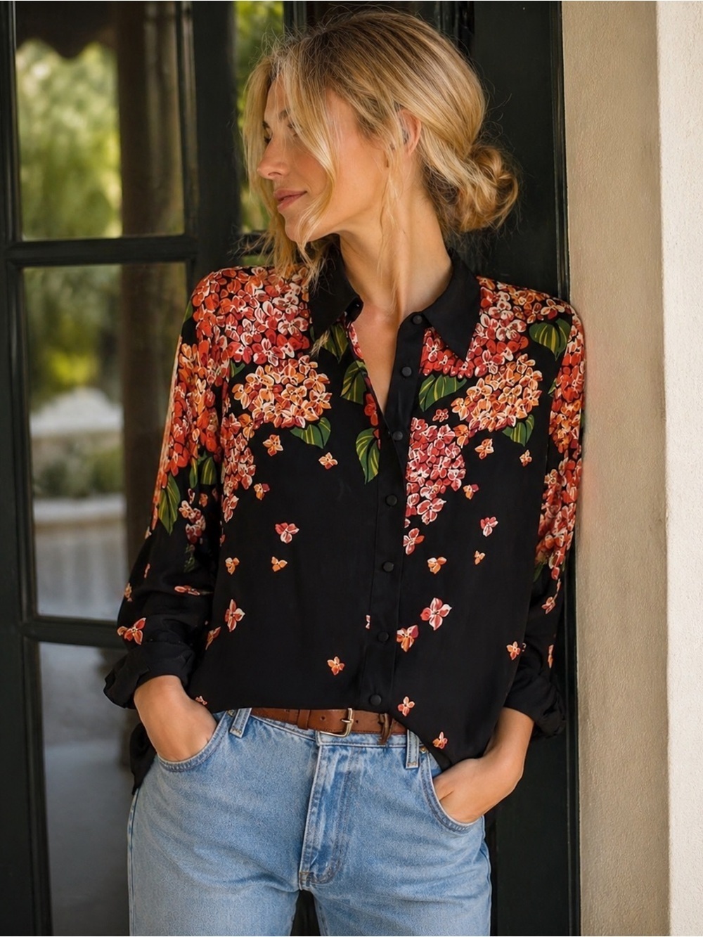 Vintage Bob Mackie Silk Blouse L Floral Beaded Wearable Art 90s Statement Top